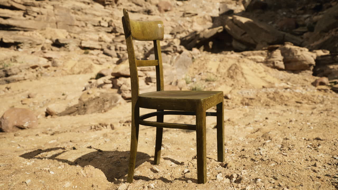 Unique wooden chair positioned on rocky terrain under bright sunlight in nature