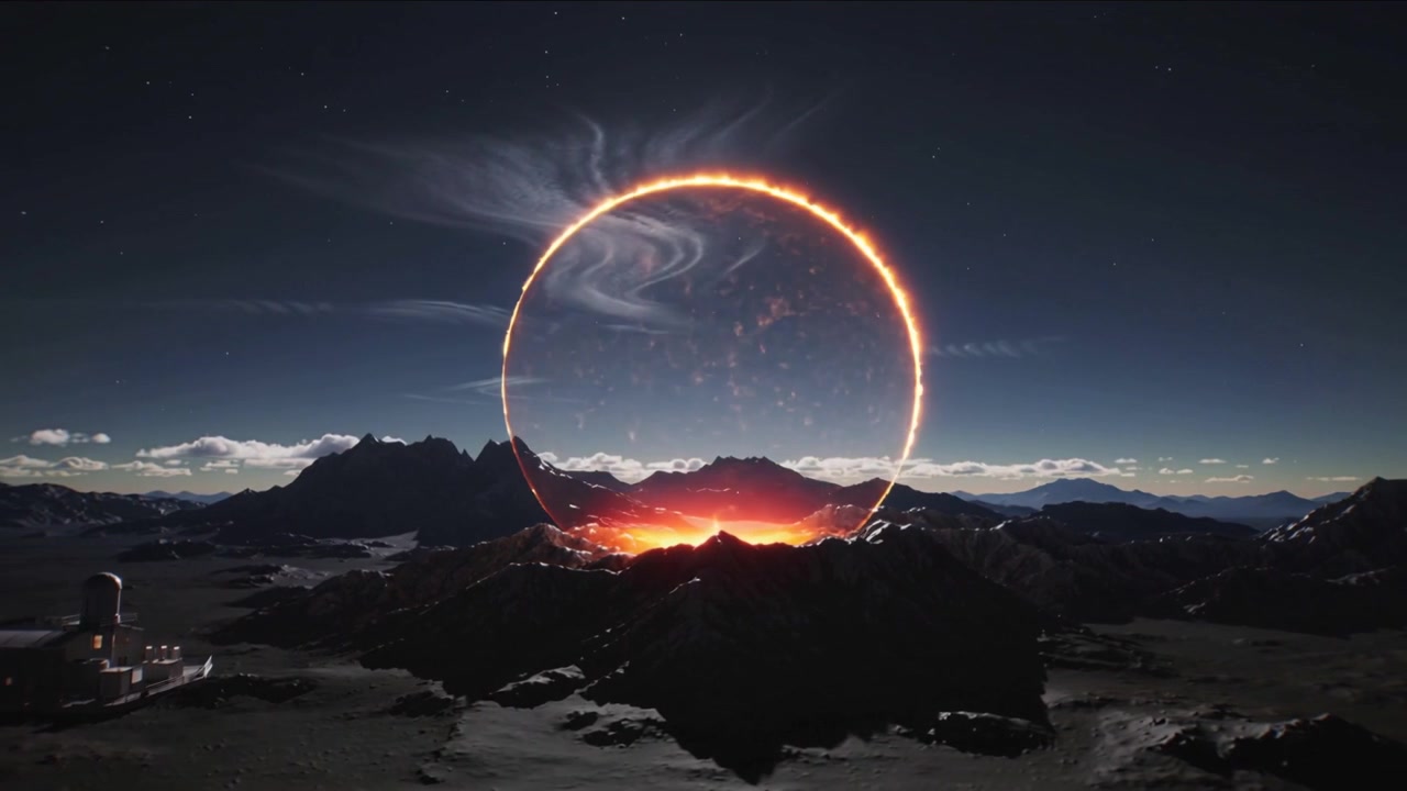 Suuri hehkuva oranssi pallo nousee harjanteelta, valaisten observatorion ja laavan hehkun huipuilla.