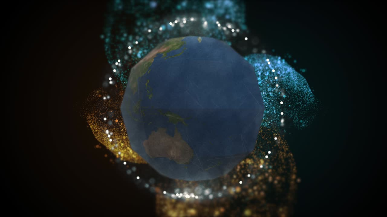 las erupciones solares y las partículas congeladas se enfrentan y se mezclan sobre un fondo negro y dan a luz a un nuevo planeta.