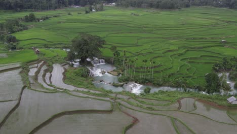 the waikelo sawah waterfall at sumba during a cloudy morning, aerial