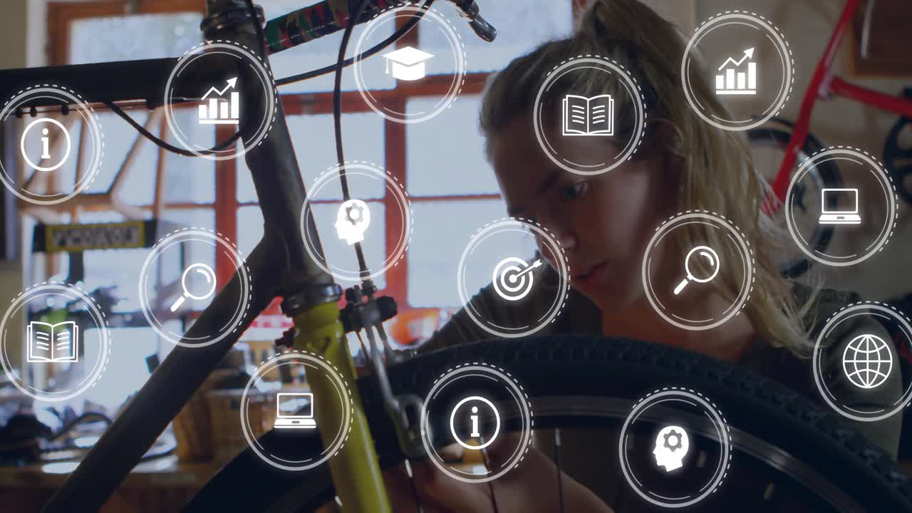 Bike mechanic spotting loose spoke and truing spokes with wrench spinning wheel for bike repair