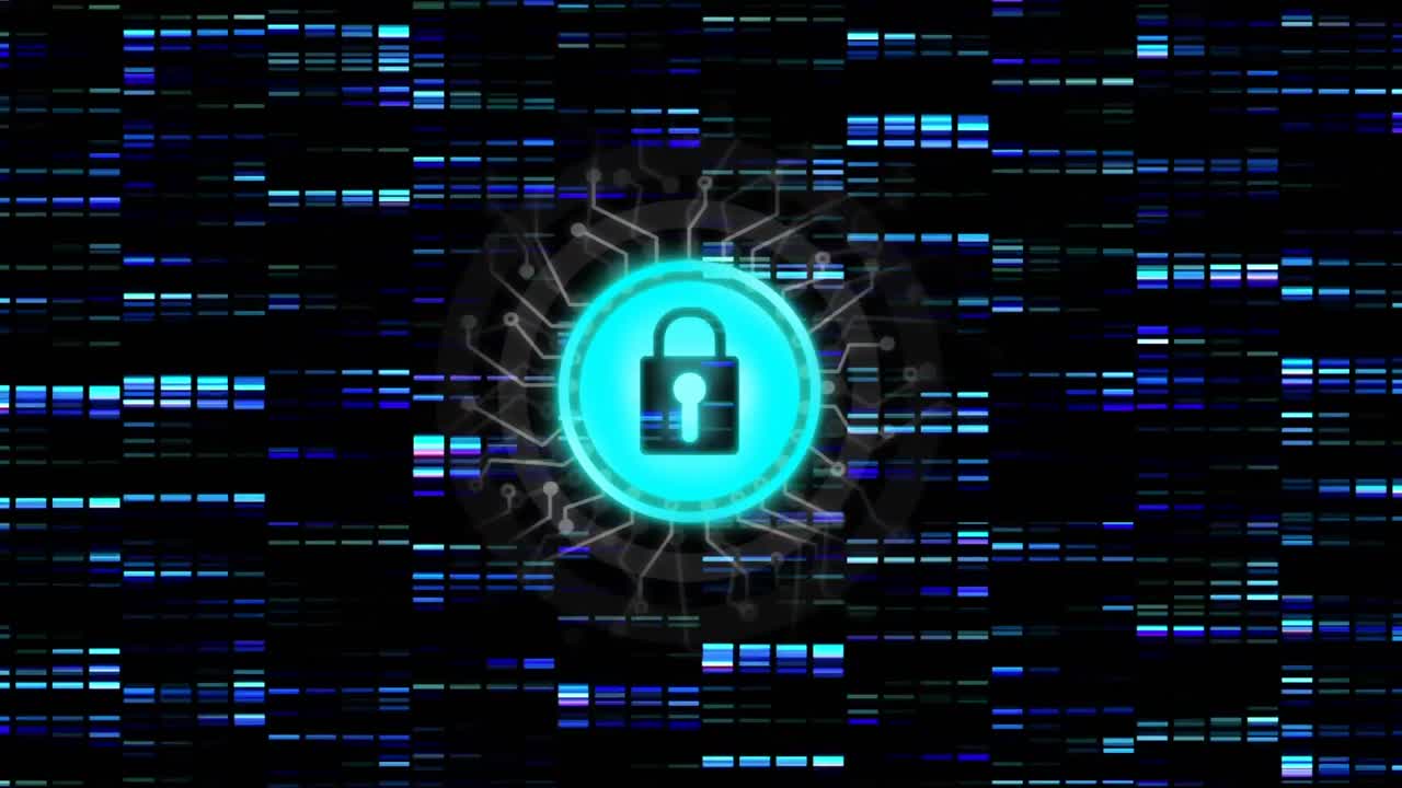 animación de la red de conexiones con candado de seguridad en línea sobre fondo oscuro