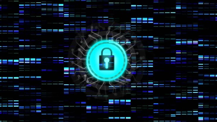Animation of network of connections with online security padlock over dark background