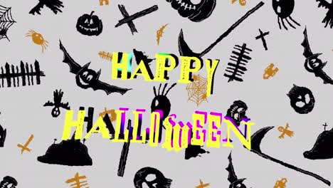 animation of happy halloween text over halloween icons