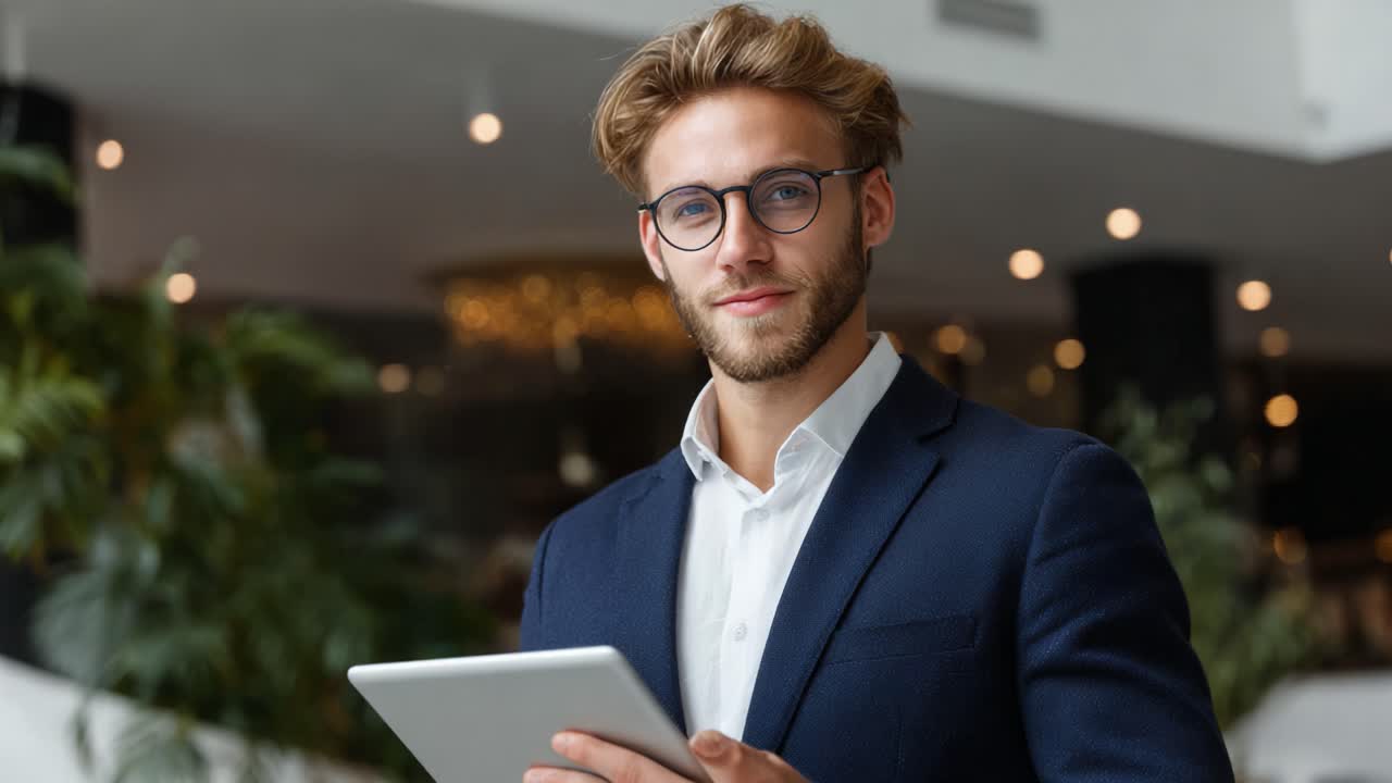 Giovane professionista sicuro di sé utilizza un tablet in un ambiente ufficio moderno, dimostrando un atteggiamento business sofisticato e attenzione ai dettagli