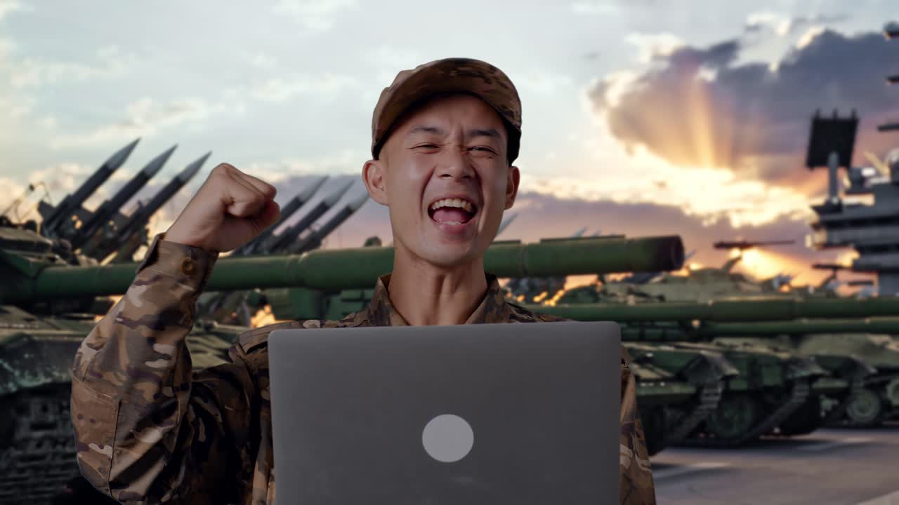 Nahaufnahme eines asiatischen Soldaten, der auf den Laptop schaut und dann schreiend ein Tor feiert, während er mit einem Panzer dasteht
