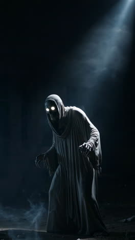 a creepy hooded figure with glowing eyes emerges from the dark