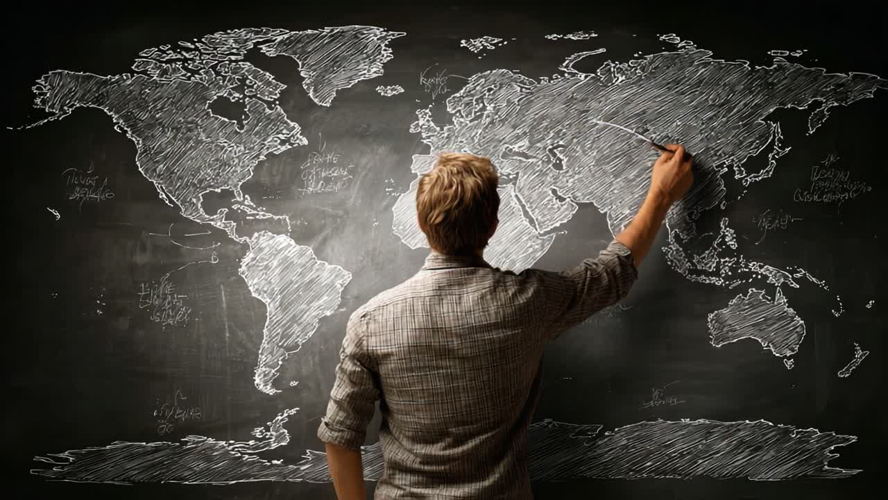 A person drawing a detailed chalk map of the world on a blackboard, illustrating geographical locations and features while engaged in creative expression