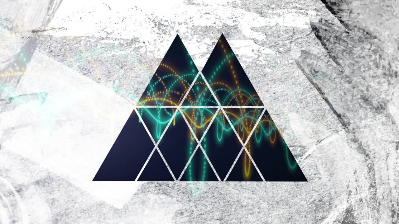 Colorful wave patterns in geometric triangles on grayscale textured background animation