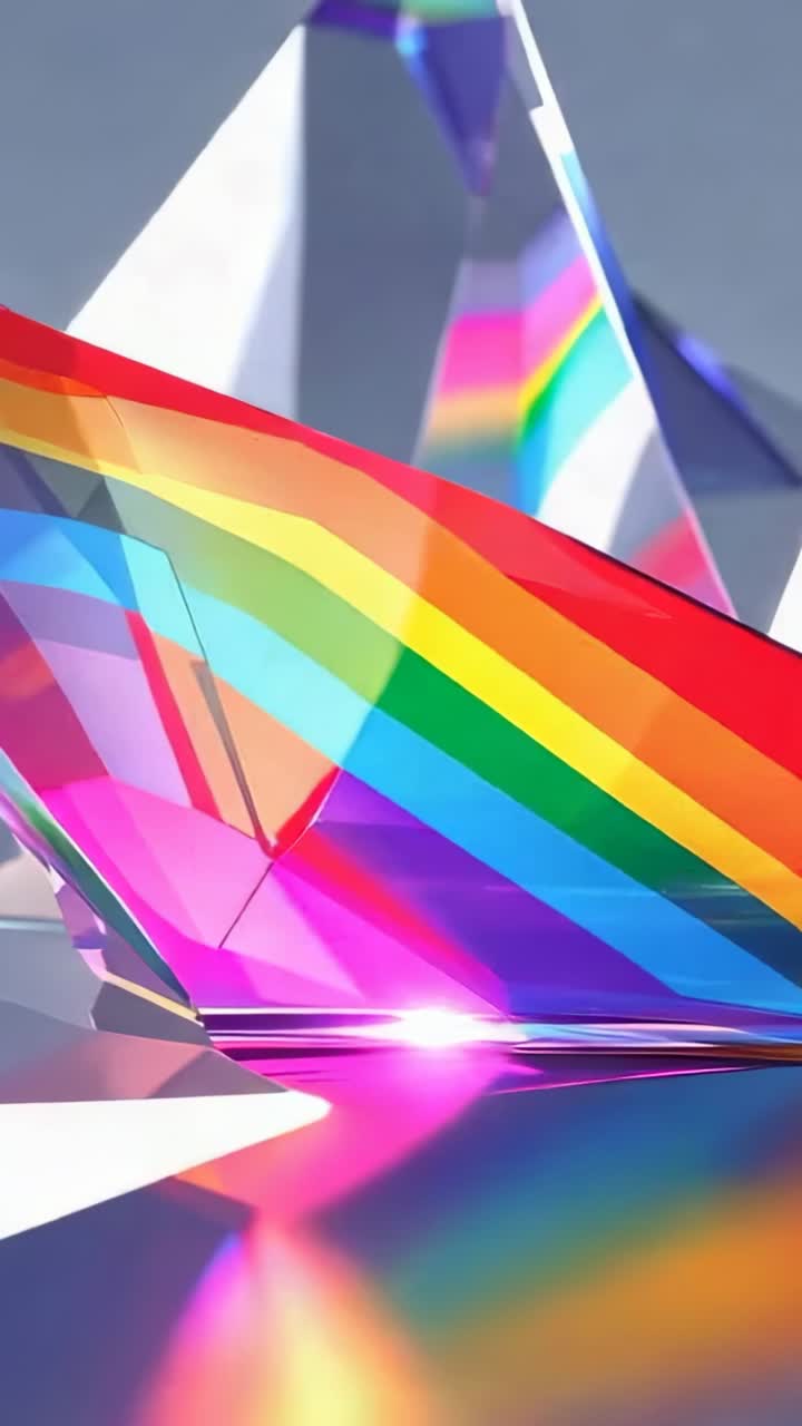 Vertical video: Light refracting crystal prism causing rotation in studio, revealing rainbow stripe
