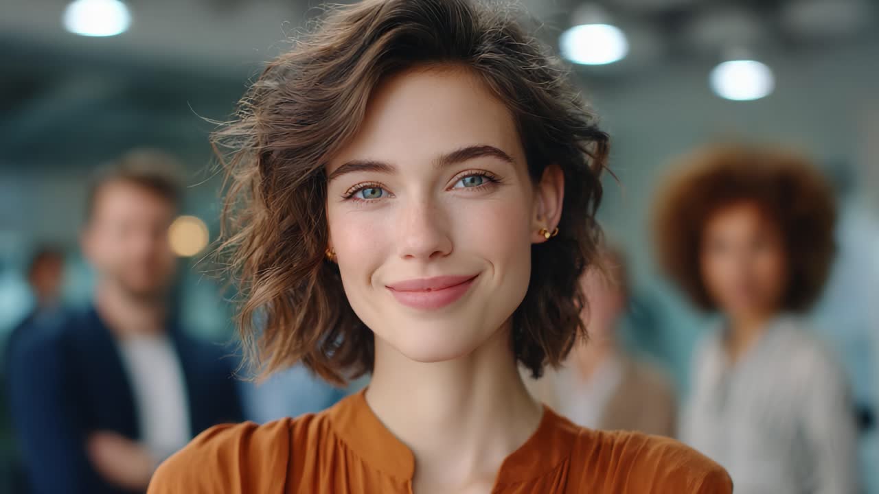 A Confident Young Woman Demonstrates Poise and Engagement in a Professional Setting, Capturing the Attention of Peers with Her Warm Smile and Expressive Communication