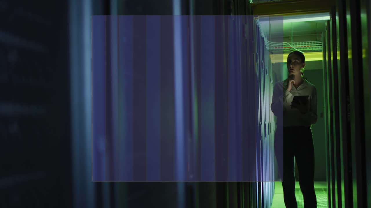 Animation of financial data processing over caucasian female it technician by computer server