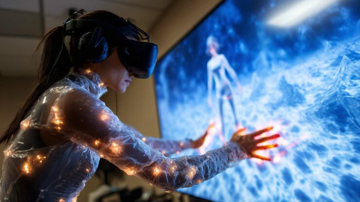Esplorazione futuristica della realtà virtuale: un utente interagisce con un ambiente digitale dinamico utilizzando tecnologie VR avanzate e interfacce di controllo del movimento interattive