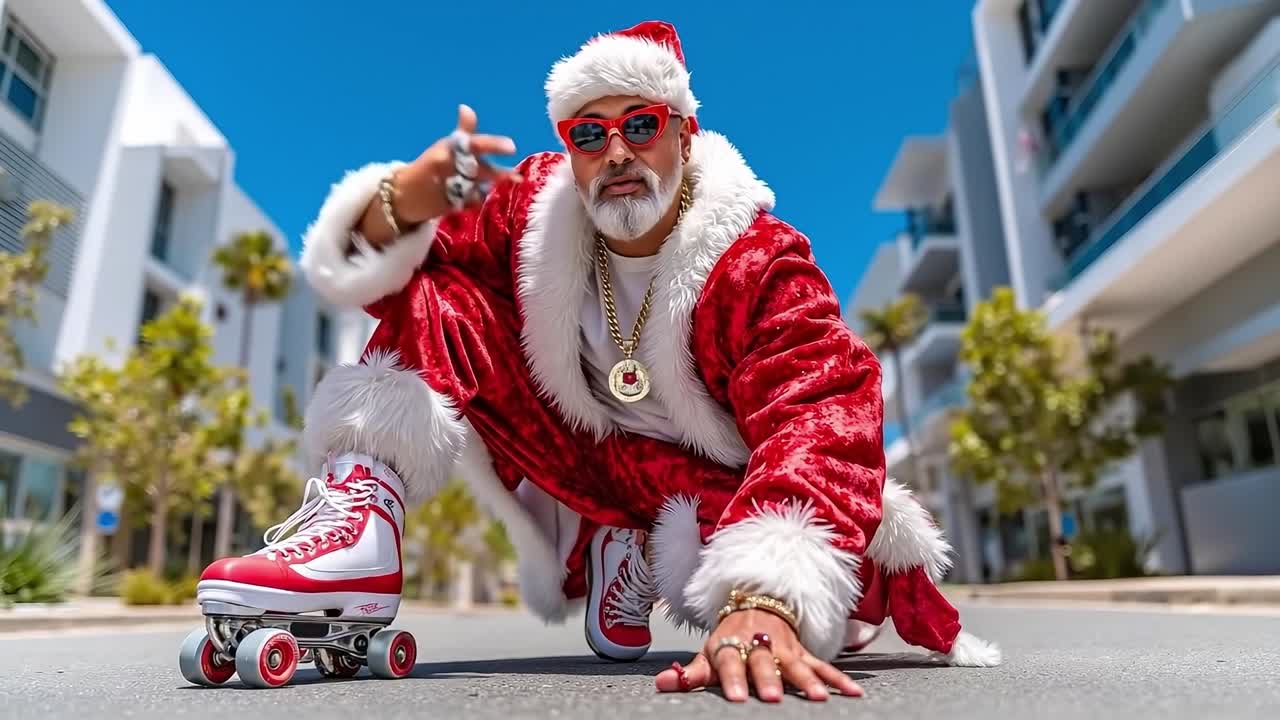 A man in a santa suit crouching down on a skateboard on the street