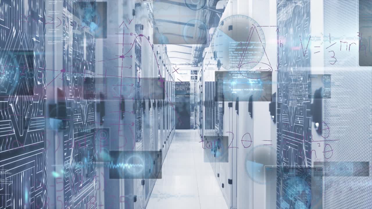 Animation of mathematical equations and data processing against computer server room