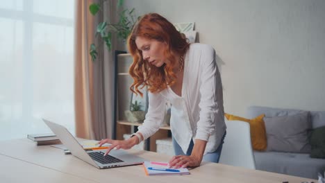 young female entrepreneur using laptop writing notes stand at home office desk