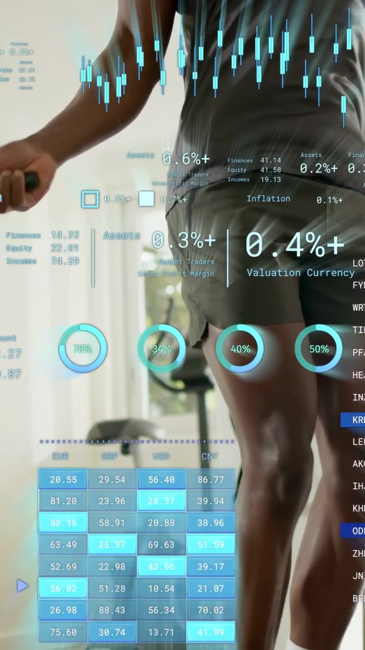 Vertical video: Forearms spinning, man jumping rope doing steady jumps for cardio under HUD charts