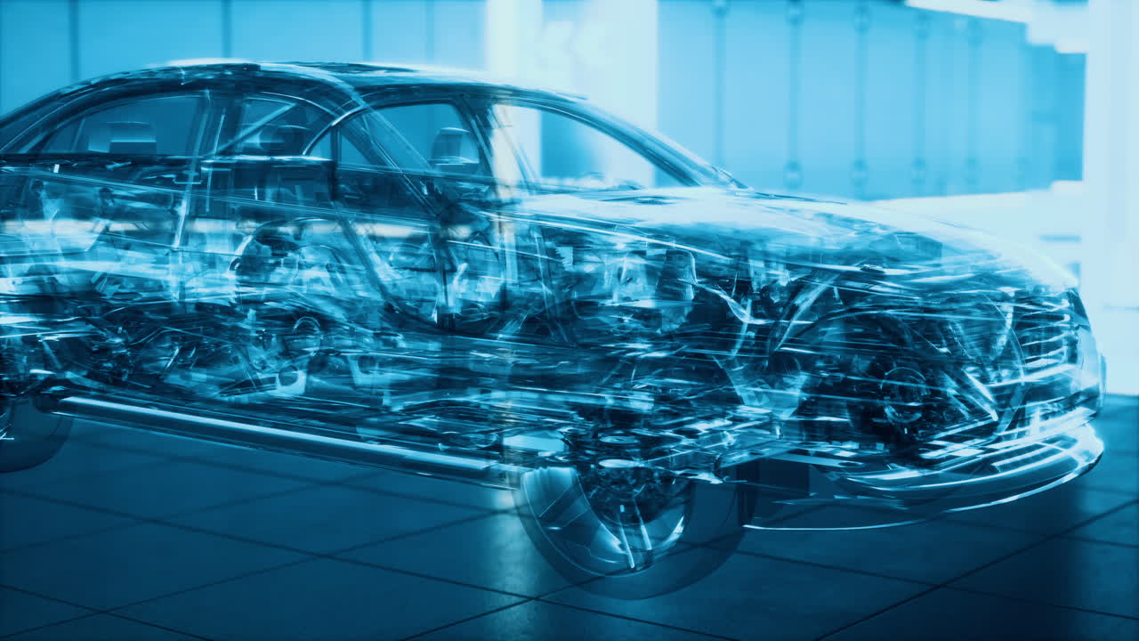 transparent car with engine in laboratory