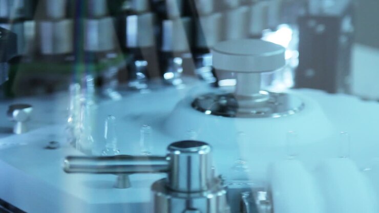Medical ampoules production line. Pharmaceutical quality control of medical vial