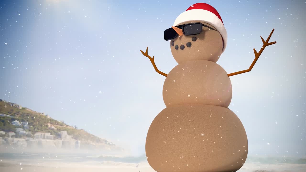 composición de video con nieve sobre arena hombre con sombrero de santa claus en la playa