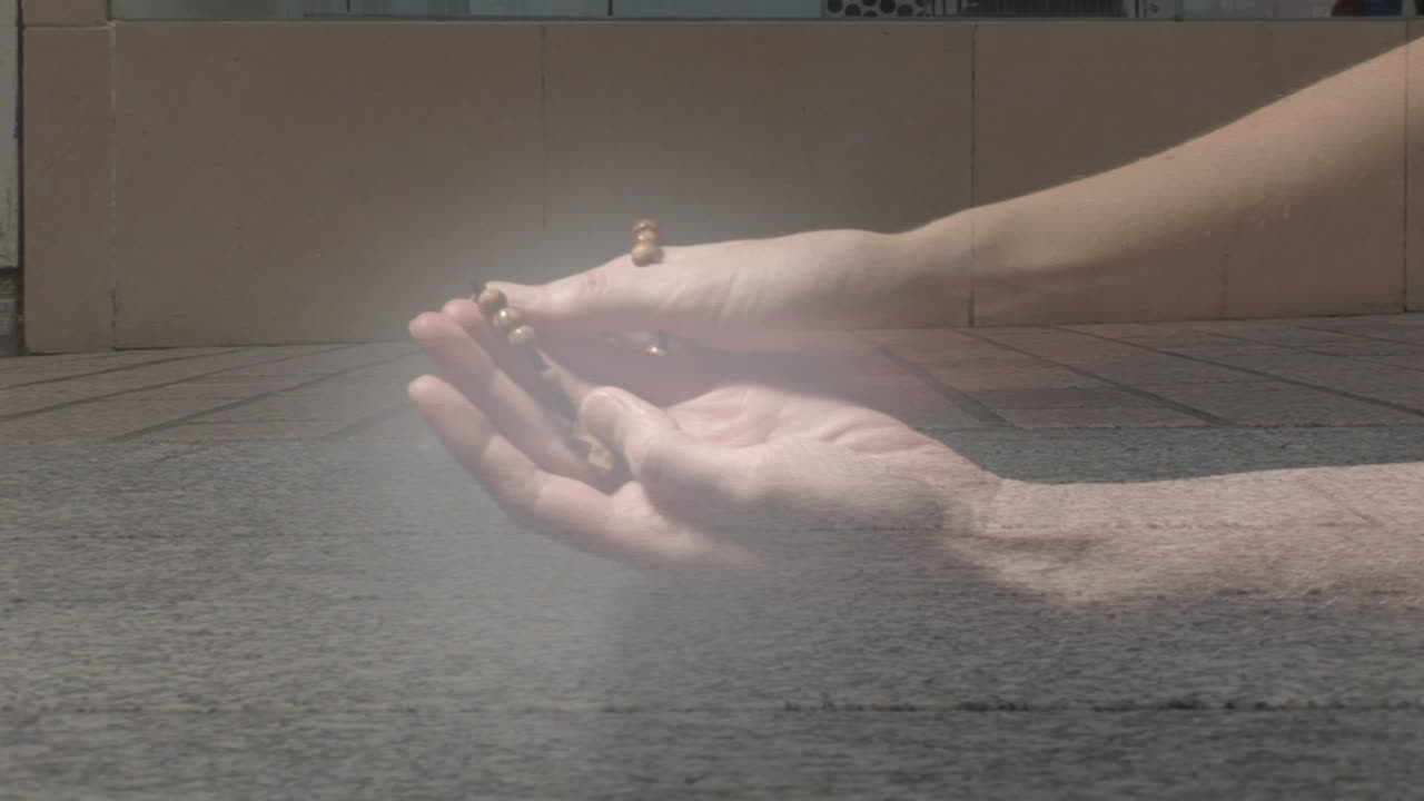 로자리를 들고 거리에서  ⁇ 고 있는 사람 들 위 에서 기도 하는 백인 여성 의 손 의 애니메이션