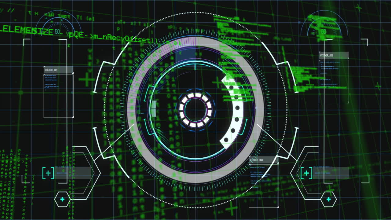 Circular patterns and green coding animation on futuristic digital interface