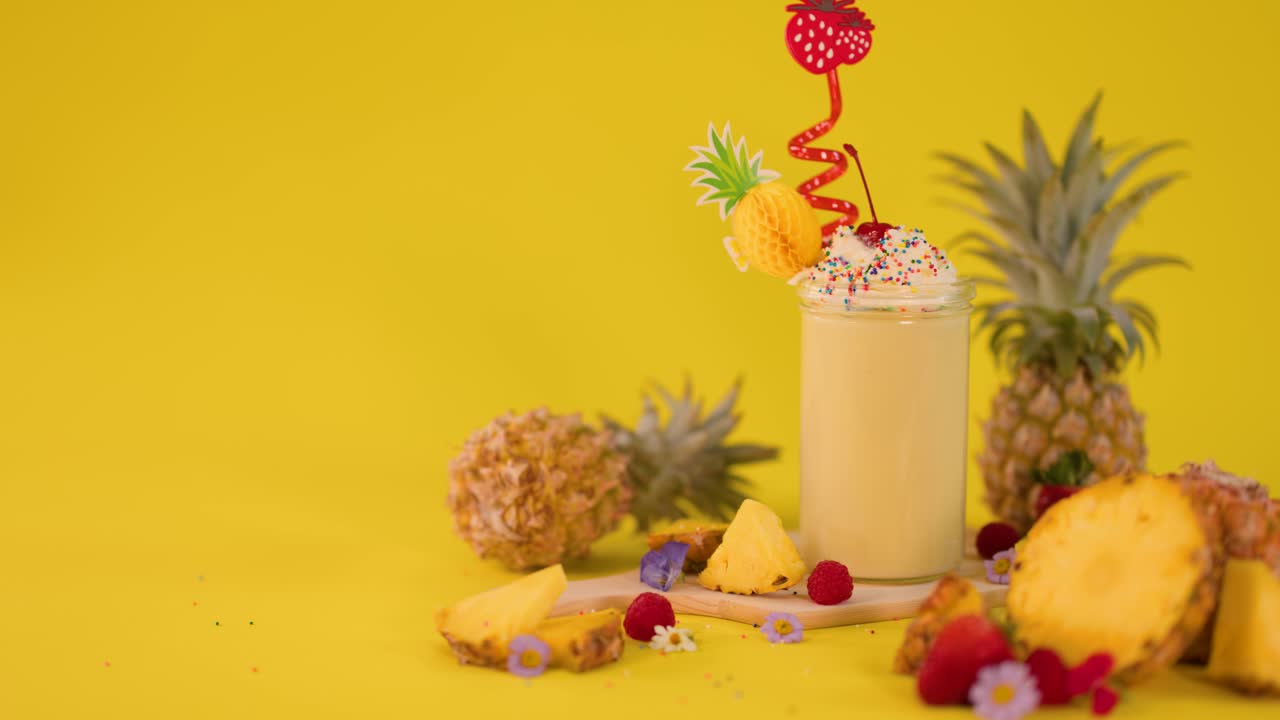 Pineapple milkshake with whipped cream, cherry, and fruit slices, brightly lit, static camera, vibrant