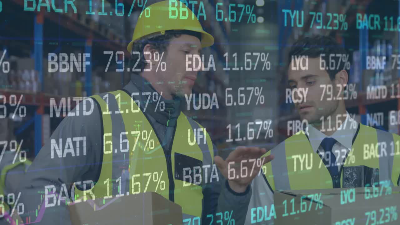 창고에서 일하는 사람들에 대한 금융 데이터 처리의 애니메이션