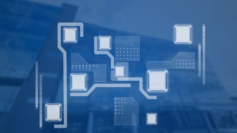 animation of interface with data processing against low angle view of tall buildings