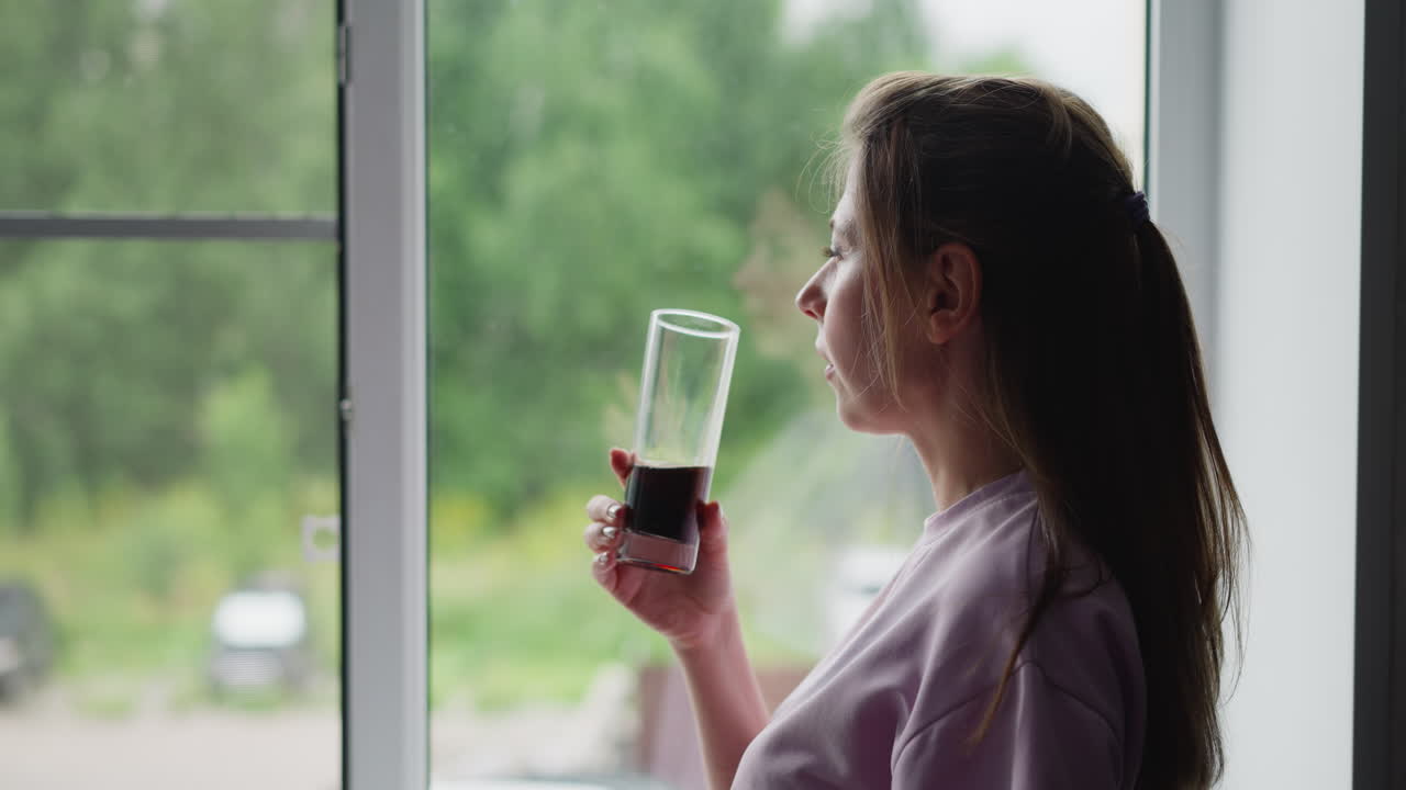 Thoughtful woman seated near large window drinking wine gazing calmly outside enjoying peaceful moment alone indoors with blurry natural greenery scenery relaxing in gentle daylight