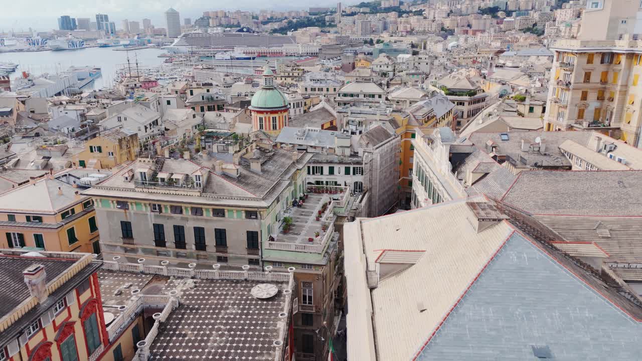 Genoa's historic center with ancient buildings and scenic coastal surroundings, aerial view
