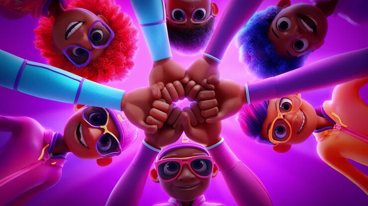 Un gruppo vivace e animato di amici diversi tra loro forma un cuore con le mani, mostrando unità e gioia su uno sfondo viola colorato in uno stile creativo e divertente