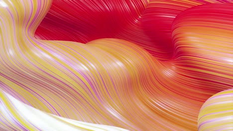 beautiful abstract background of waves on surface, red yellow color gradients, extruded lines as striped fabric surface with folds or waves on liquid. 4k loop. 9