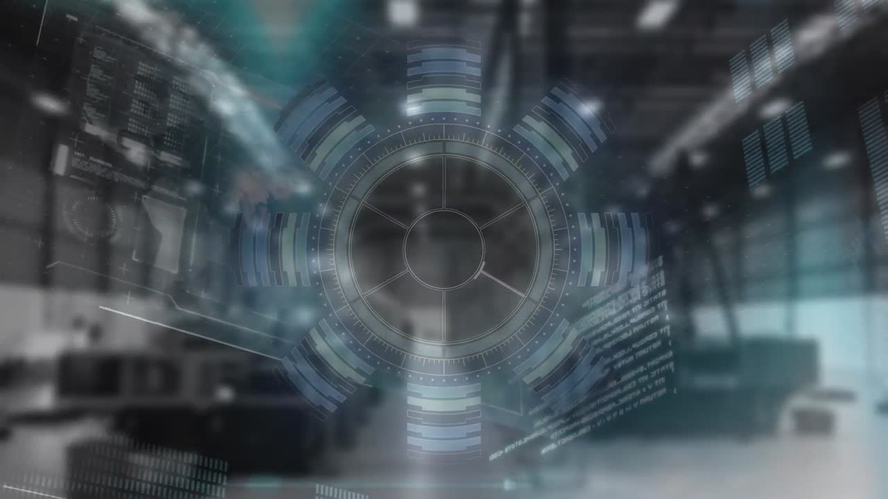 animación de una pantalla digital con datos diversos con un círculo de procesamiento sobre un almacén borroso