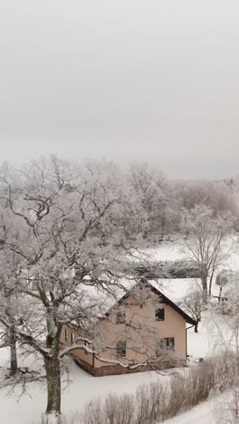 Vertical aerial view of a house in countryside on a cloudy winter day. Snow covered landscape in rural area with single household. Beautiful frozen trees. Family home in suburbs.Calm living lifestyle.