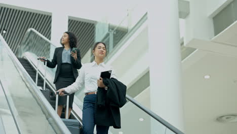 travel, escalator and business people with luggage