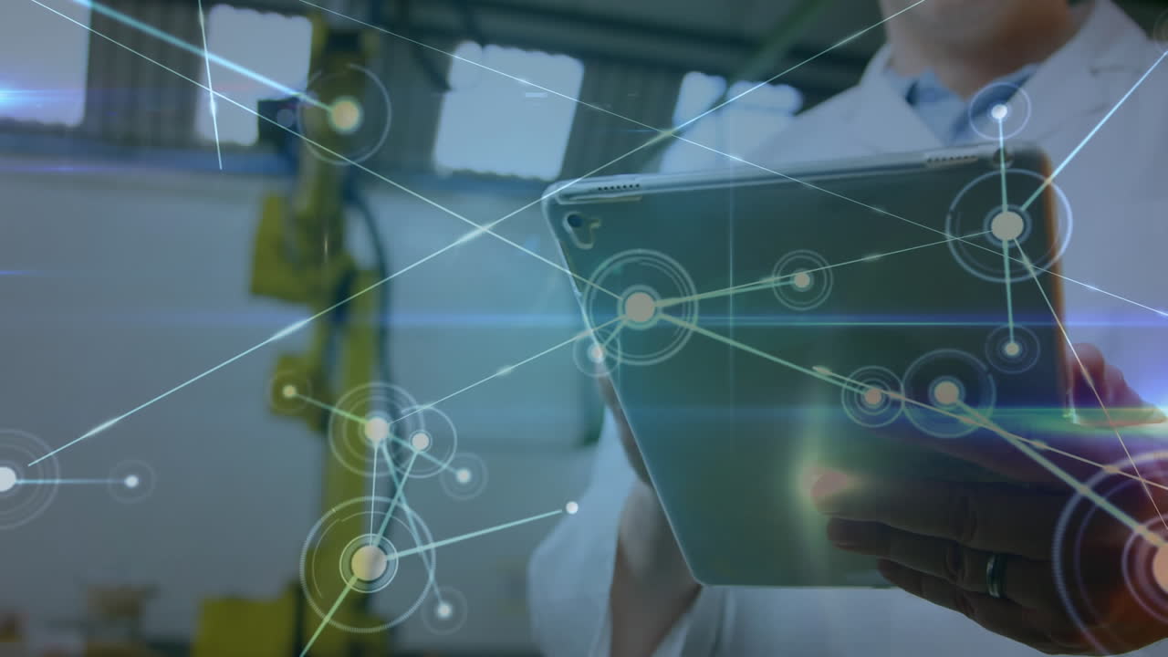 animación de la red de conexiones sobre el hombre caucásico usando la tableta