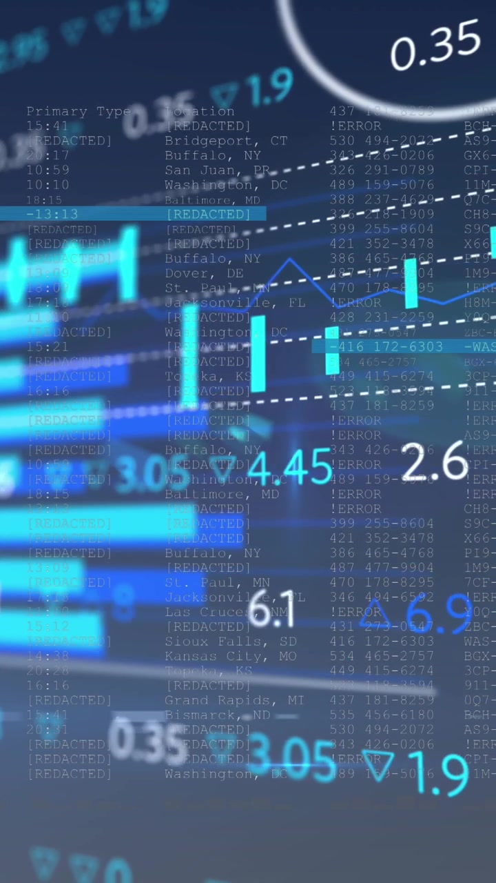 Animación de procesamiento de datos estadísticos y del mercado de valores contra un fondo azul