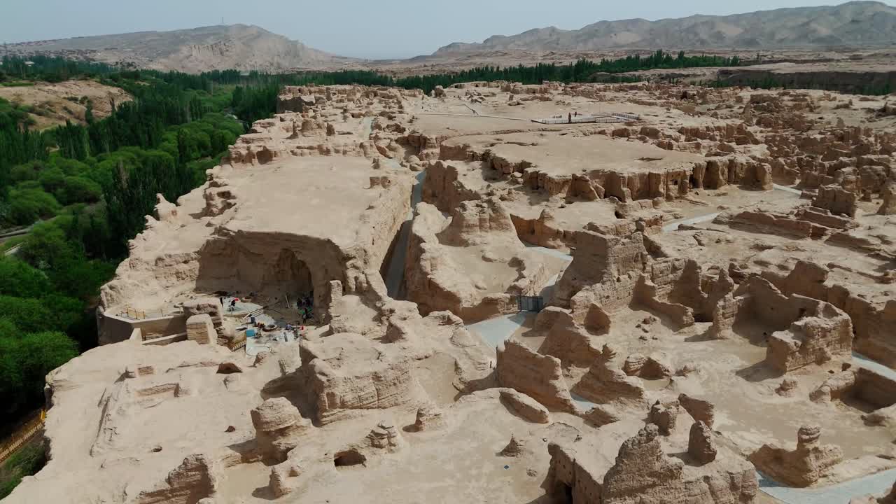 Aerial view of Xinjiang Jiaohe Ruins Ancient City in China Tupan drone unesco archaeologic site