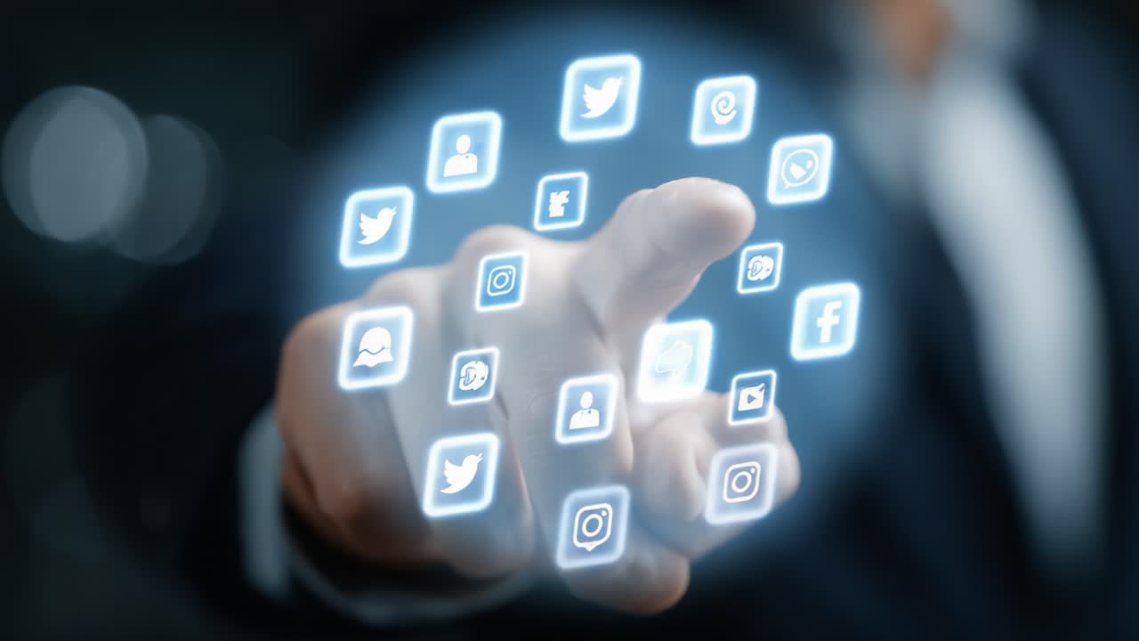 Exploring the Digital Landscape: A Futuristic Interaction with Social Media Icons Through Gestures in a High-Tech Environment