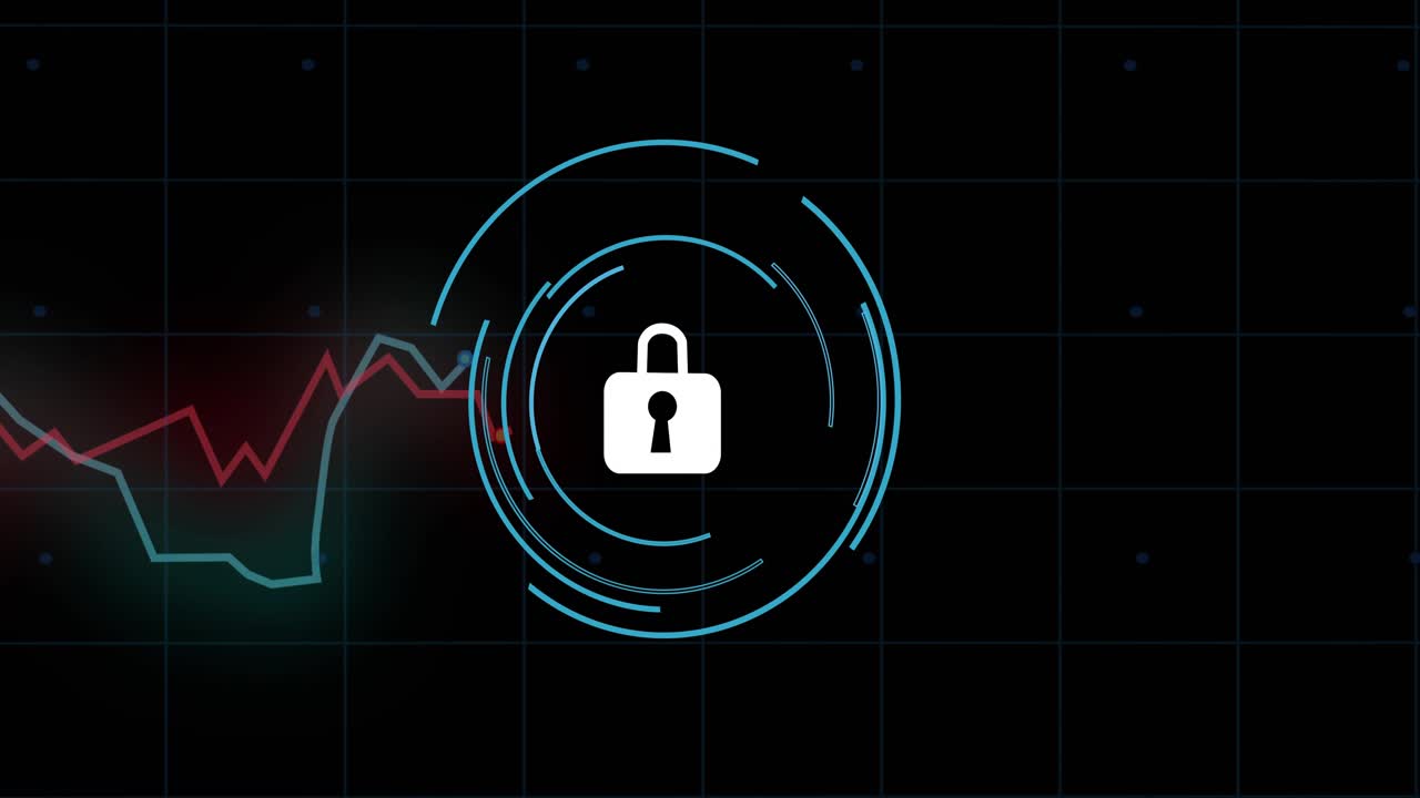 Faint arc appearing, center padlock holding, rings rotating and left graphs varying, signaling lock