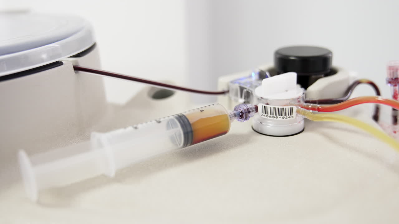 Medical centrifuge machine separating plasma from blood. Producing concentrate for prp therapy. Close up.