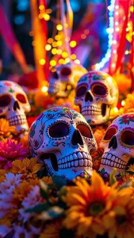 sugar skulls and flowers for day of the dead