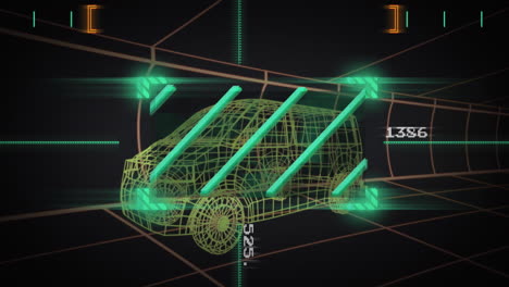 animación de líneas en el visor con números cambiantes sobre un modelo 3d de coche moviéndose en un túnel.