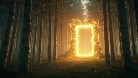 a mysterious portal in an enchanted forest glows with golden light, offering a glimpse into another world amidst tall trees and lush greenery