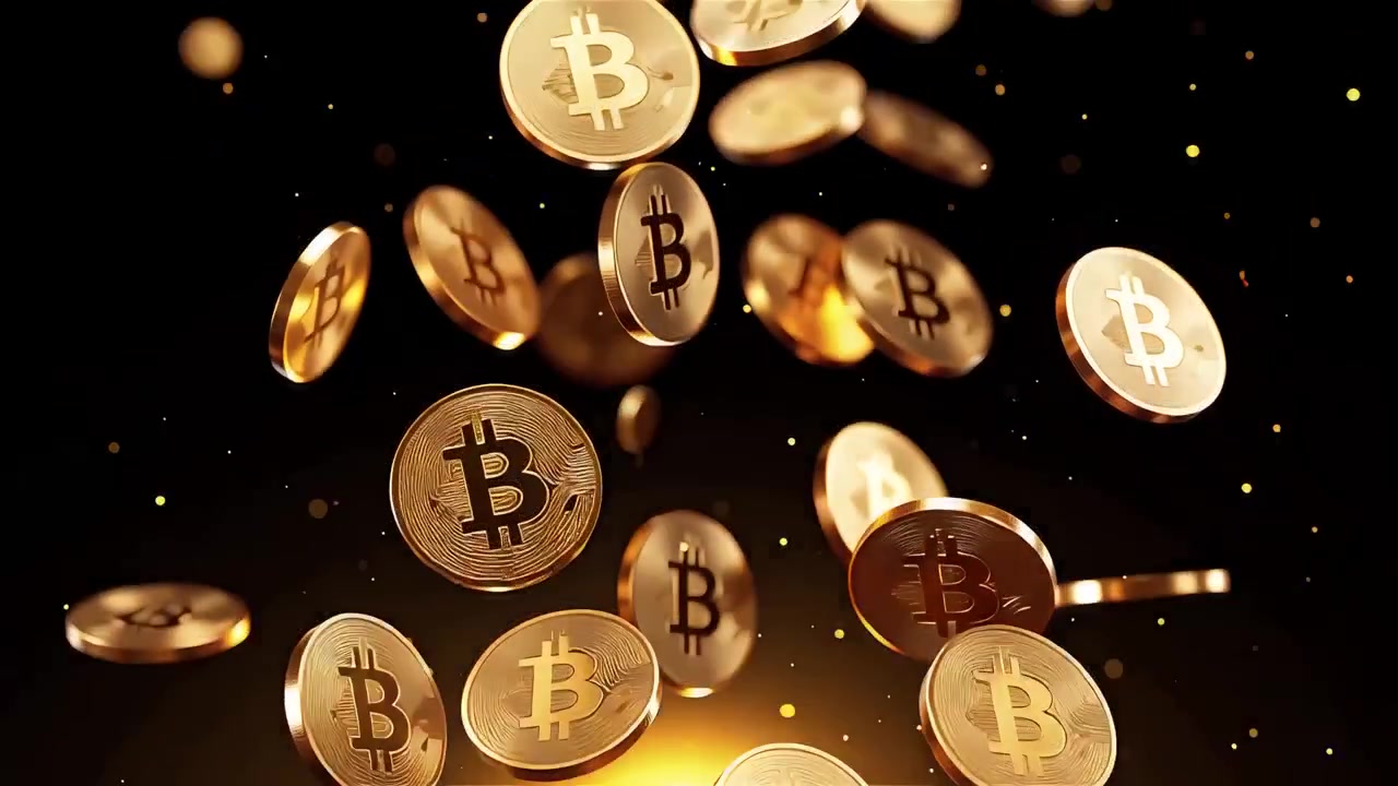 Bitcoin in rotazione su sfondo nero drammatico 4k