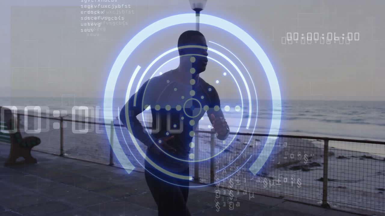 hombre corriendo en el paseo marítimo de la playa con animación de seguimiento de fitness sobre la escena