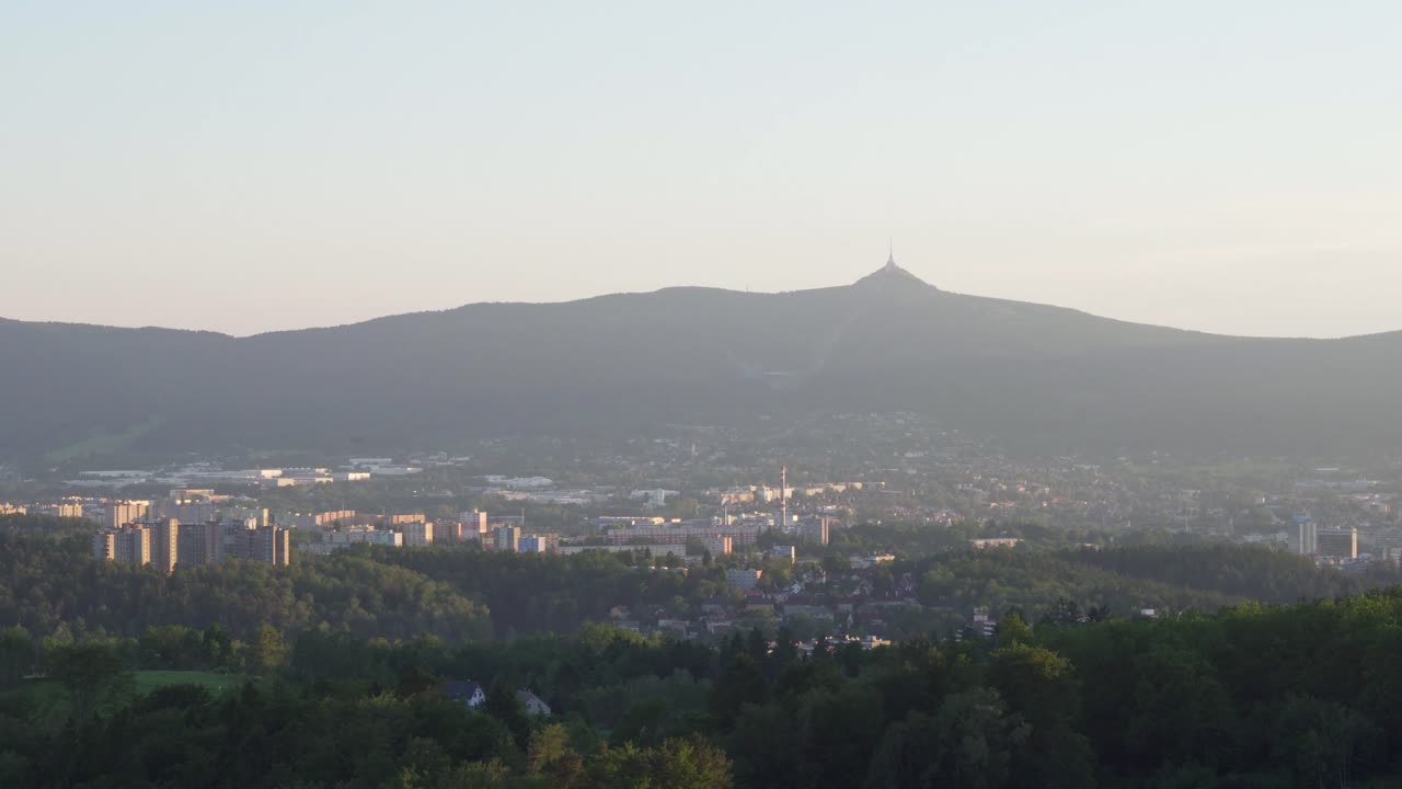Panorama of Liberec city with Jested Tower in Czech Republic, wide shot
