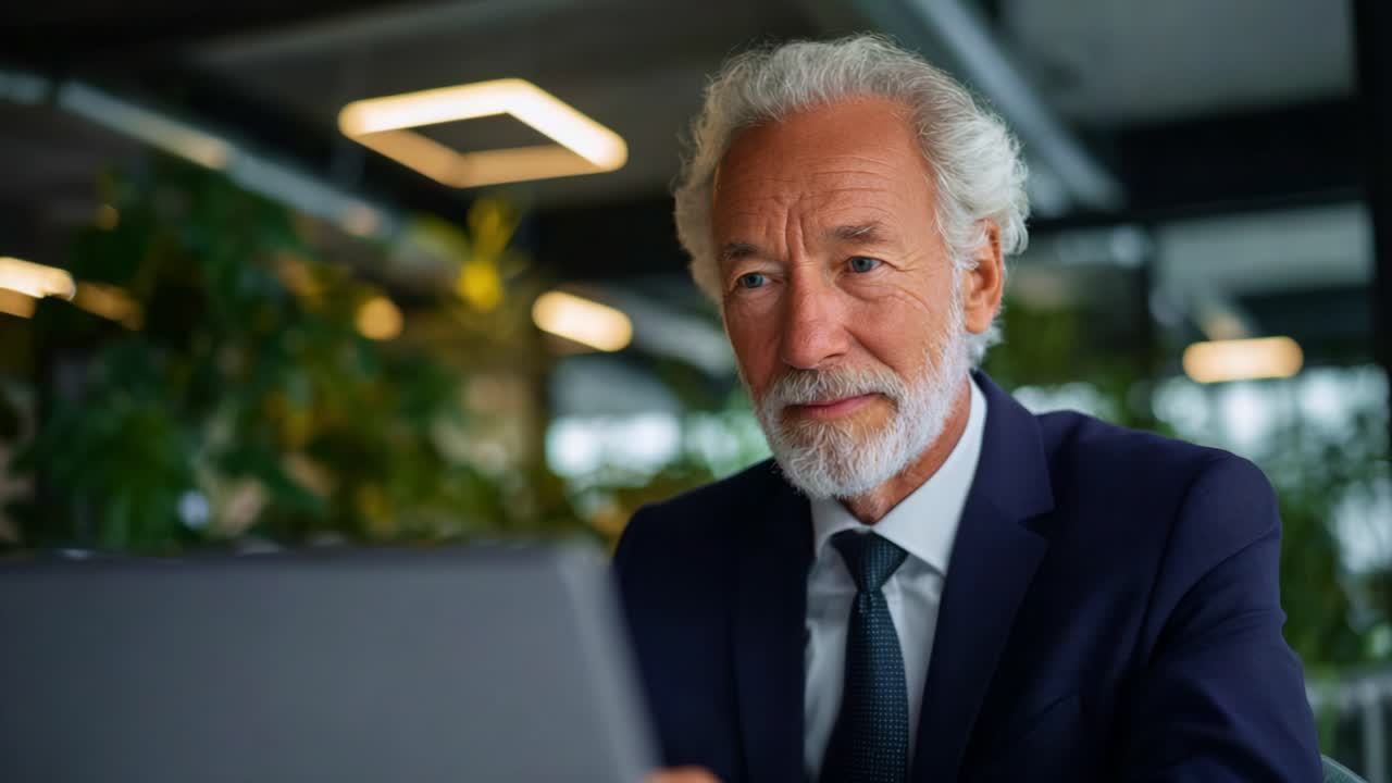 En eftertænksom, ældre forretningsmand fordybet i sit arbejde, reflekterer over idéer, mens han bruger sin laptop i et moderne kontormiljø fyldt med grønne planter