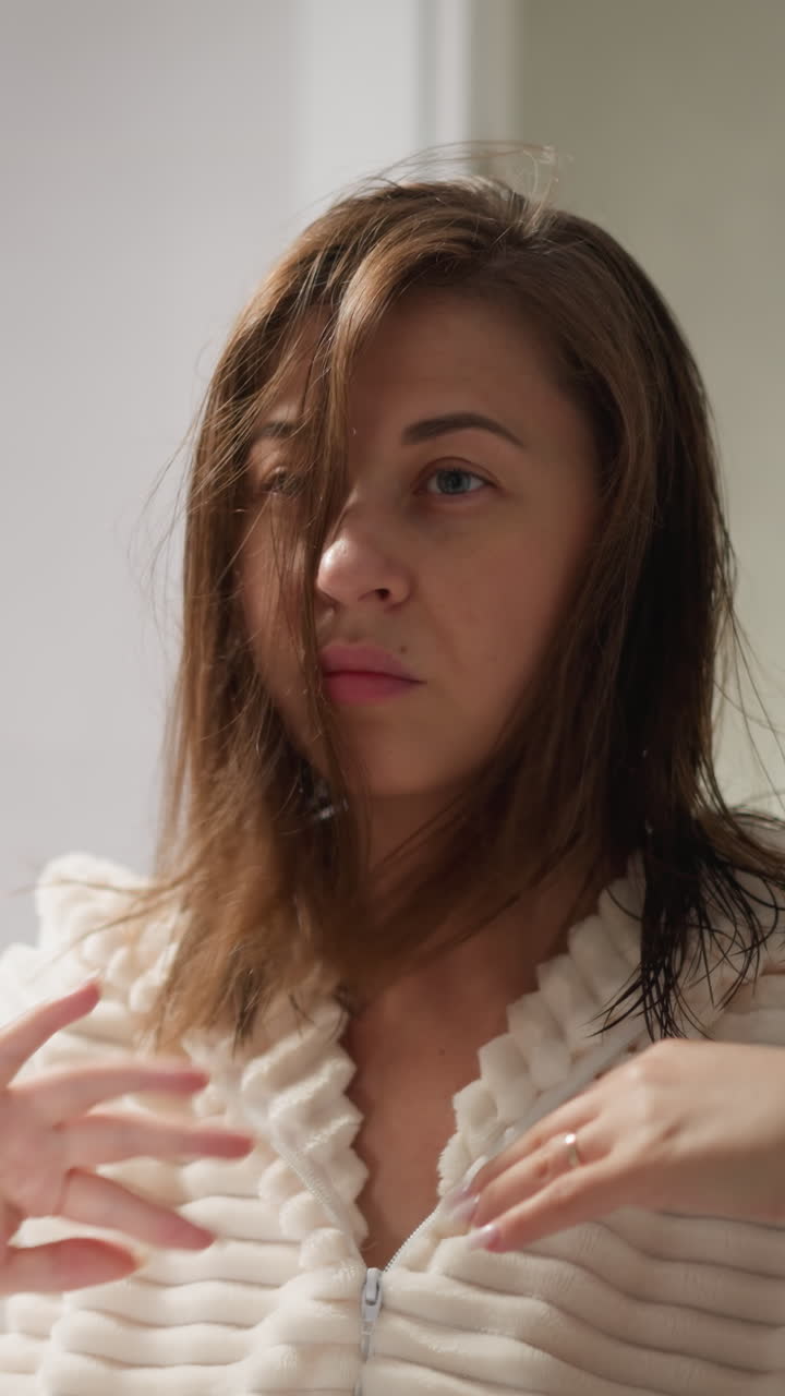Young lady straightens dark hair with hands in light bathroom. Brunette lady straightens dark hair after shower in cozy light bathroom slow motion